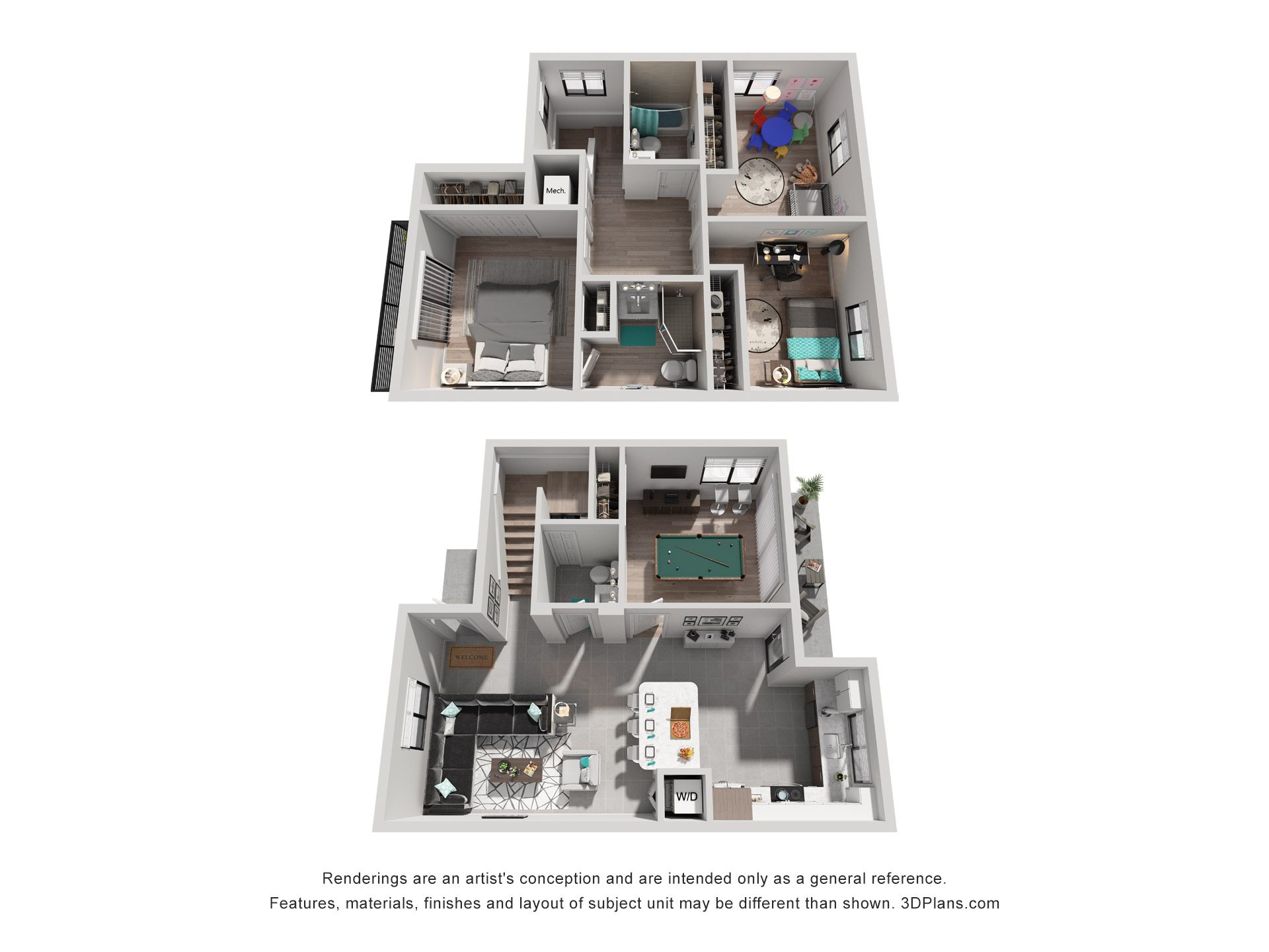 Floor plan for 4 beds, 2.5 baths, 1326 sqft